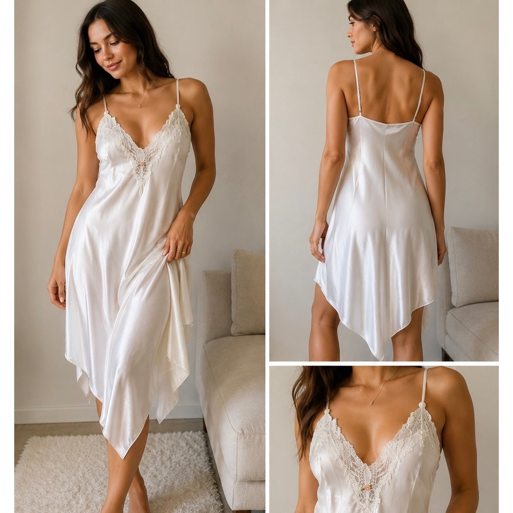 VTG California Dynasty White Satin Lace Nightgown M/L? Rosebud Lingerie